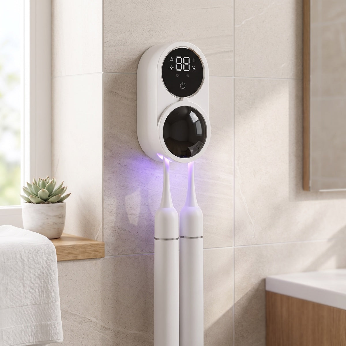 Wall-mounted UV toothbrush sanitizer with two brushes under a violet UV glow on white bathroom tile