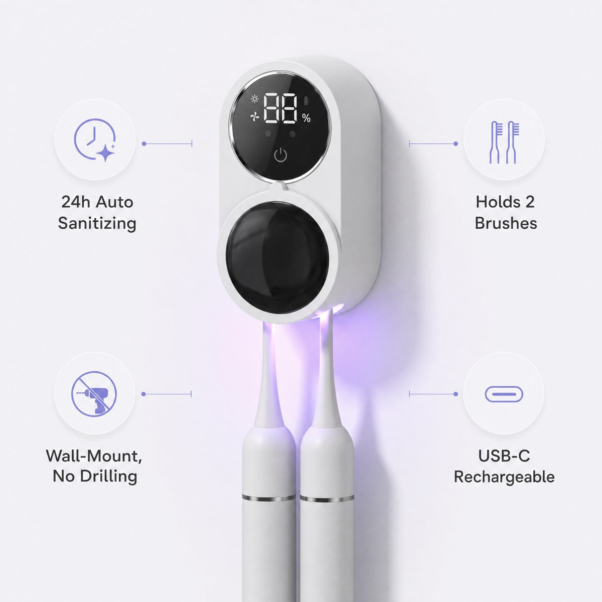 Feature overview: 24h auto sanitizing, holds 2 brushes, wall-mount with no drilling, USB-C rechargeable